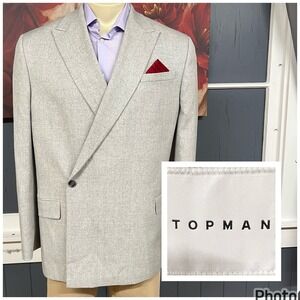 Topman Double Breasted Blazer Sport Coat Mens 42R Polyester Blend Stretch Gray